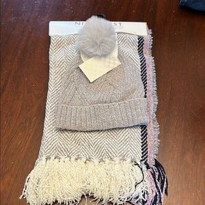 Nine West Taupe Pink Black Faux Fur Pom Beanie and Scarf Set OS New